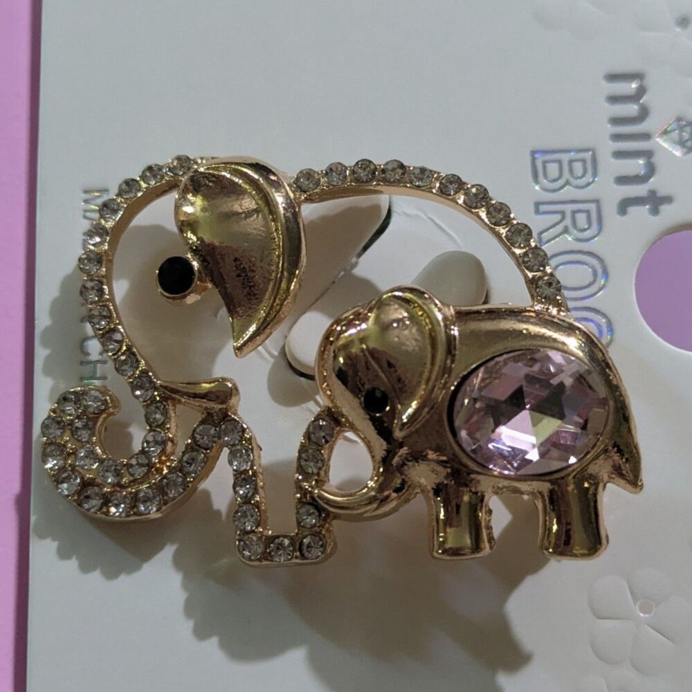 Gold Elephant Brooch Pink Crystal Rhinestone Animal Pin Cute Vintage Style - Picture 2 of 6
